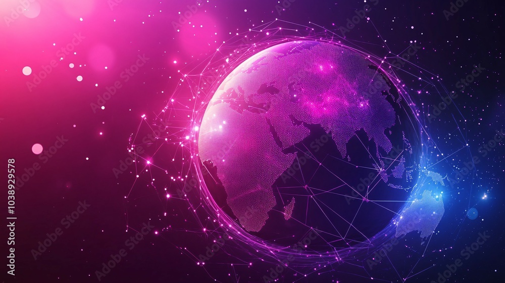 Global Network with Pink and Blue Lights and Connections Global Network with Pink and Blue Lights and Connections