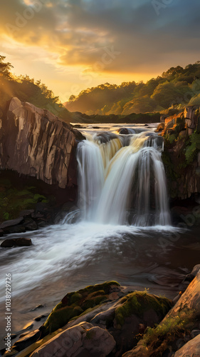 Vertical wallpaper of waterfall cascading through rocks, distant trees, golden hour