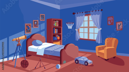 Cartoon empty kid boy indoors interior bedroom in blue colors with bed, chair, bookshelf, pictures on wall and wide window, telescope, basketball hoop, car toy and ball on carpet, flat illustration