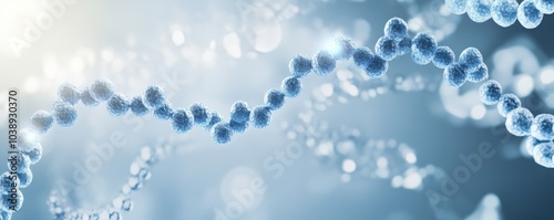 A close-up view of a DNA strand, showcasing intricate molecular structures against a soft blue background, symbolizing life and genetics. photo