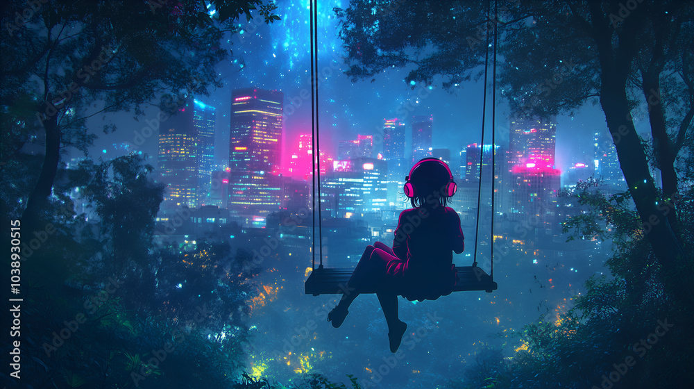 Fototapeta premium Neon Anime Girl with Headphones in a Public Park at Night, Lo-Fi Futuristic Sci-Fi Manga Art
