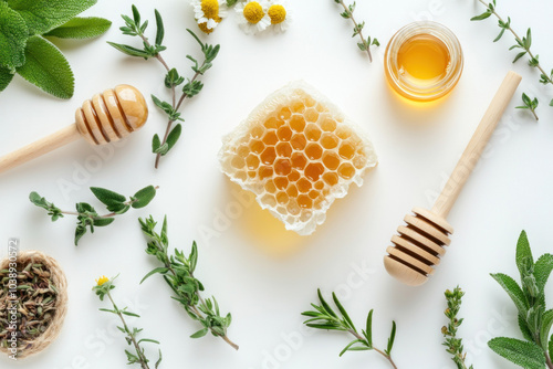Jar of golden honey with a wooden honey dipper resting on its side, surrounded by honeycomb and wildflowers, showcasing a taste of pure sweetness.