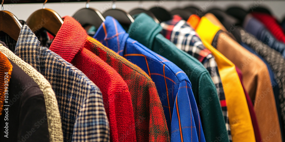 Obraz premium A colorful row of clothes neatly hanging on wooden hangers in a store. Various textures and patterns of sweaters and jackets evoke a cozy, stylish, and organized atmosphere.