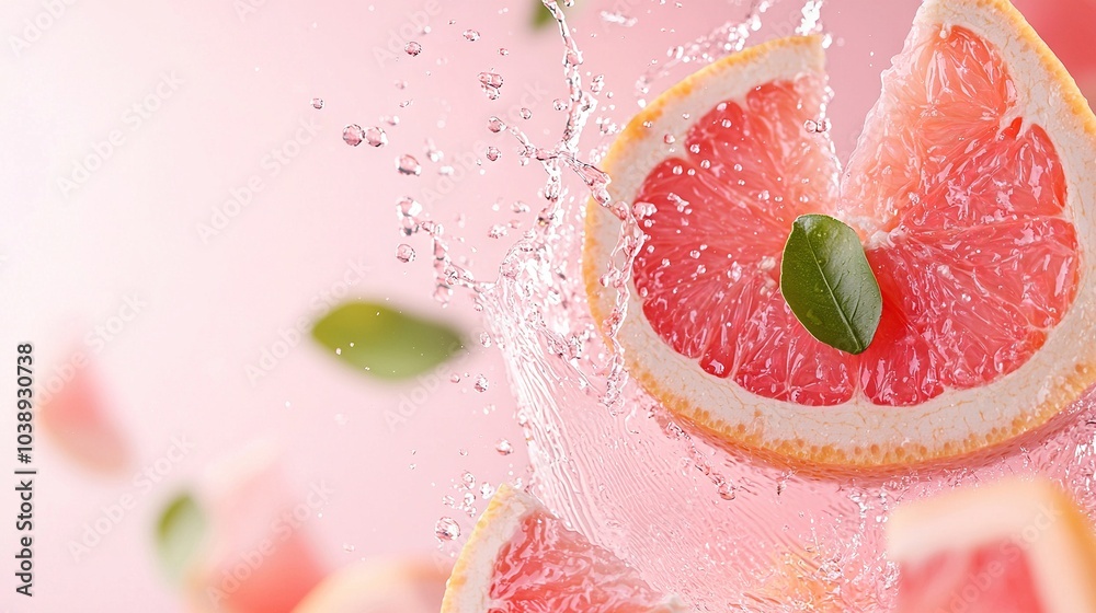 Fototapeta premium A grapefruit halved and garnished with a green leaf
