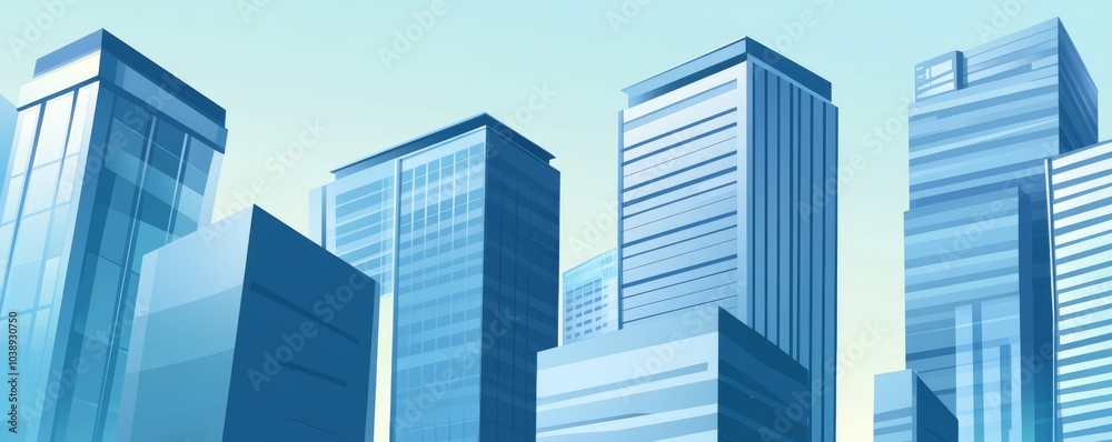 A collection of modern skyscrapers reflecting blue light, showcasing contemporary architecture in an urban setting. A collection of modern skyscrapers reflecting blue light, showcasing contemporary architecture in an urban setting.
