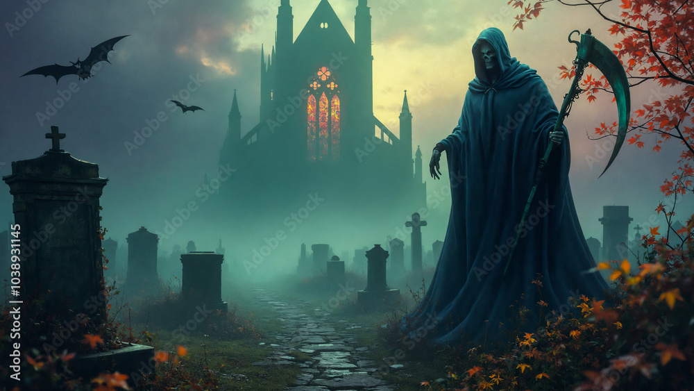 Grim Reaper in a Foggy Cemetery Grim Reaper in a Foggy Cemetery
