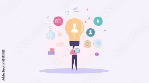 A creative illustration of an individual holding a device, surrounded by icons representing ideas and communication.