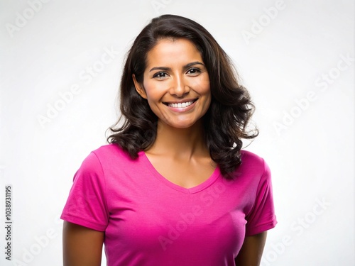 The soft glow of a pink shirt highlights the joyful silhouette of a Hispanic woman.