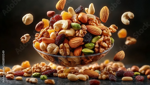Dry fruits and mixed nuts levitating in mid-air healthy snack, almonds, pistachios, raisins, cashews, walnuts.