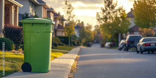 A close-up of a green trash bin on a residential street during sunset. The peaceful neighborhood setting contrasts with the bright trash can ready for collection