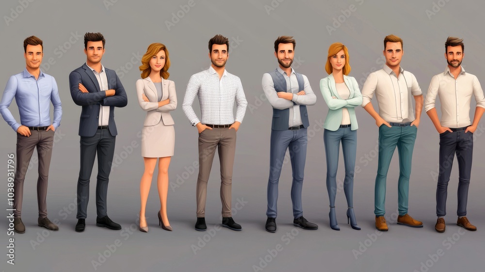 Obraz premium A diverse group of professional characters standing together, showcasing teamwork and collaboration in a modern workplace setting.