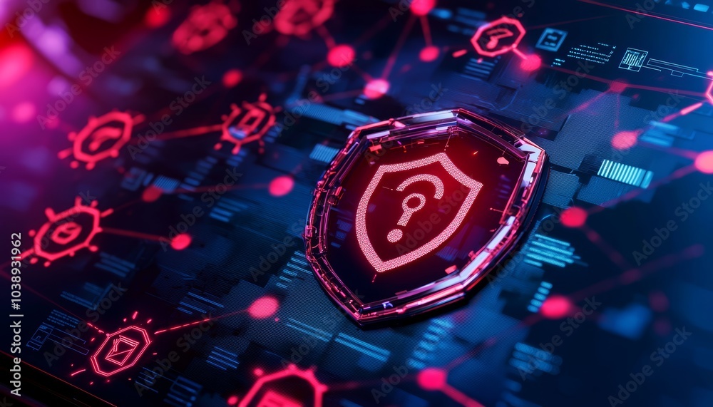 Fototapeta premium A cybersecurity failure visualized with glitchy error screens, broken encryption symbols, and a prominent 'Security Threat Detected' warning.