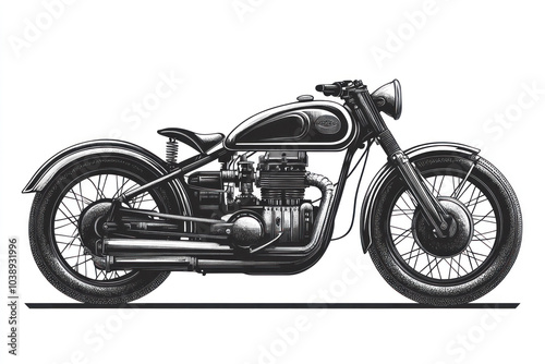 Black and white drawing of a motorcycle on a deserted road, surrounded by dramatic mountains under a stormy sky.