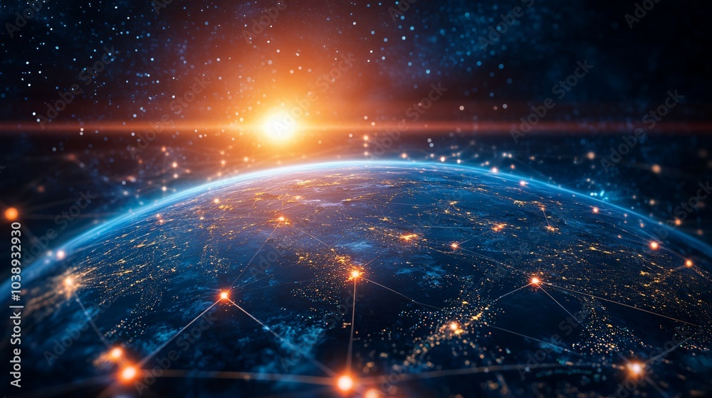 Earth illuminated with glowing lines connecting cities at night