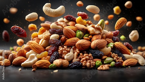 Dry fruits and mixed nuts levitating in mid-air healthy snack, almonds, pistachios, raisins, cashews, walnuts.