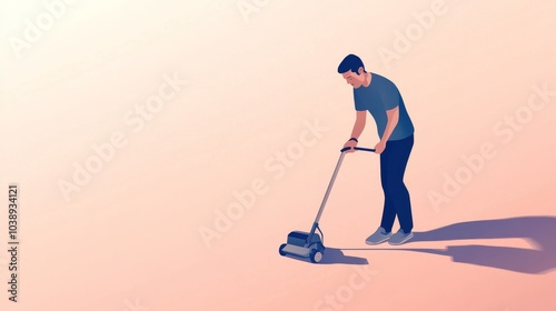 A man using a floor cleaner to maintain a clean surface, highlighting home care and cleanliness in a minimalist setting.