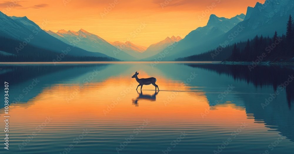 A deer wades through tranquil waters at sunset in a mountain landscape A deer wades through tranquil waters at sunset in a mountain landscape