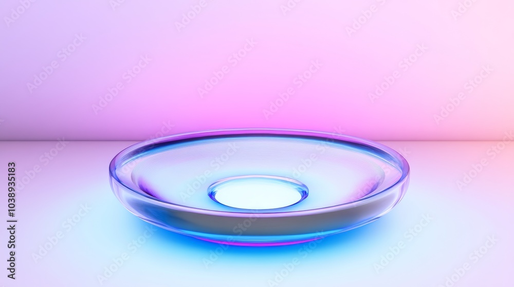 A modern, translucent bowl illuminated with vibrant pink and blue lighting, perfect for contemporary decor and artistic presentations.