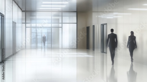 A modern office corridor with blurred figures walking, reflecting a sense of professionalism and tranquility in a business environment.