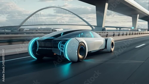 Future electric car moving through city highway. Autonomous driving concept. Modern transportation and innovation. Futuristic technology. Futuristic car concept