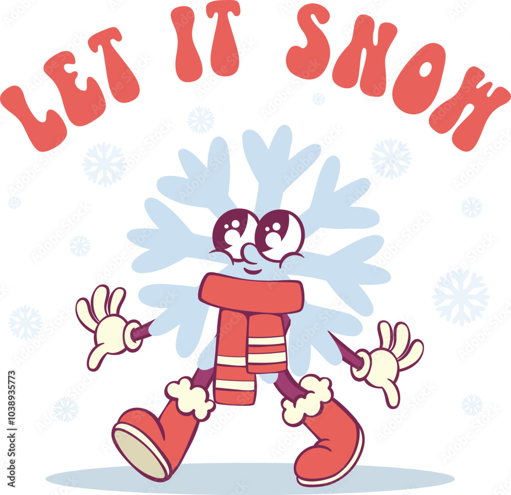 Naklejka premium Whimsical snowflake character in retro groovy style