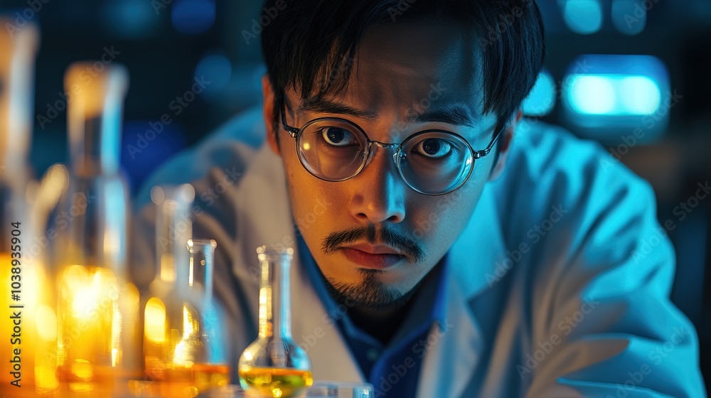 Funny and Eccentric Asian male Scientist in a Lab Funny and Eccentric Asian male Scientist in a Lab