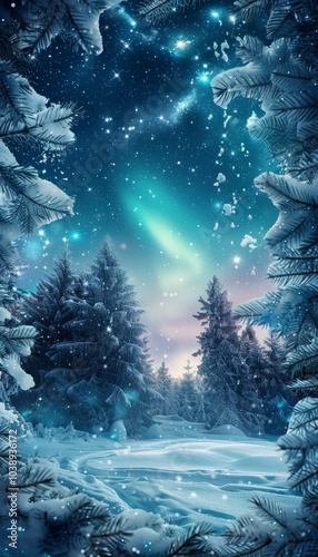 Enchanted winter landscape featuring snow covered fir branches and a starlit northern lights sky photo