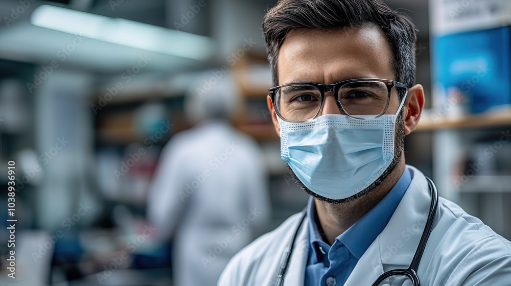 Close up Male White Doctor Wearing mask and Transparen sunglasess in a Clinical Setting Close up Male White Doctor Wearing mask and Transparen sunglasess in a Clinical Setting