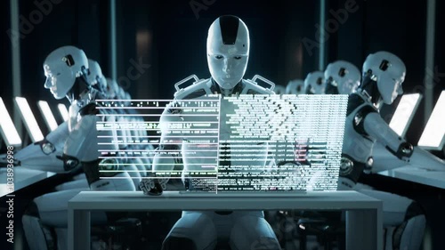 A Robot Working in a Business Office In fron of a HUD Screen Robotics Engineering Job Replacement