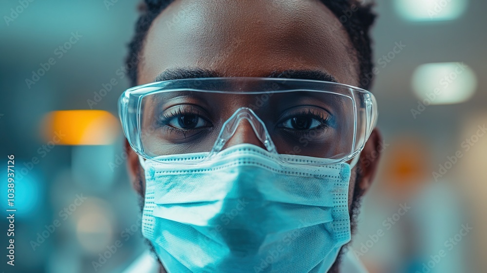 Close up Male Black Doctor Wearing mask and Transparen sunglasess in a Clinical Setting Close up Male Black Doctor Wearing mask and Transparen sunglasess in a Clinical Setting