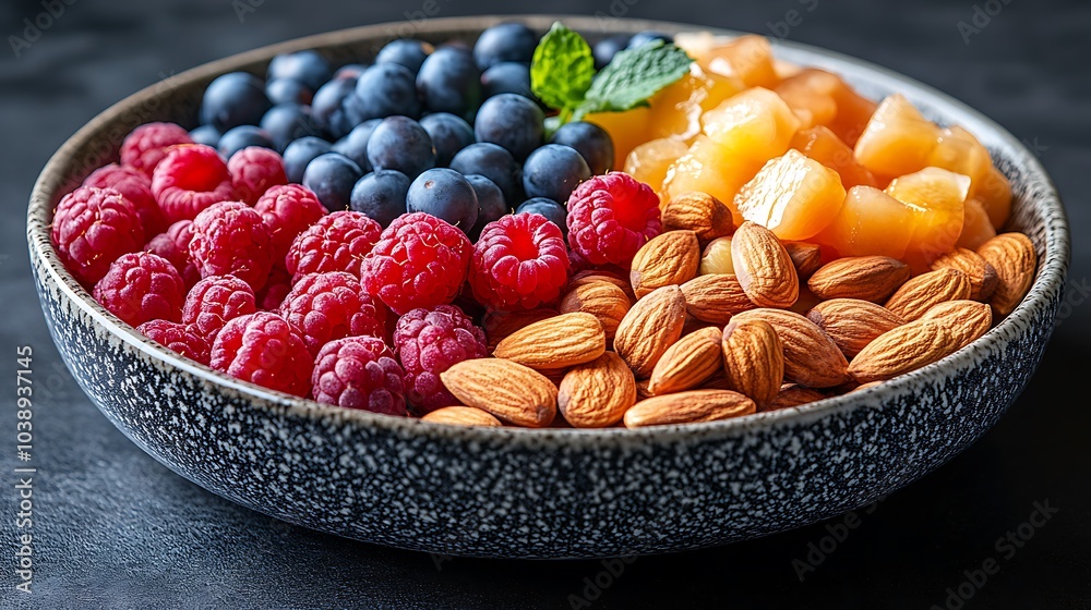 A black plate with a variety of fruits and nuts, full of blueberries, raspberries, almonds, and mango. Mixed fruits and nuts, brain-stimulating snack, healthy, natural energy boost, solid background. A black plate with a variety of fruits and nuts, full of blueberries, raspberries, almonds, and mango. Mixed fruits and nuts, brain-stimulating snack, healthy, natural energy boost, solid background.