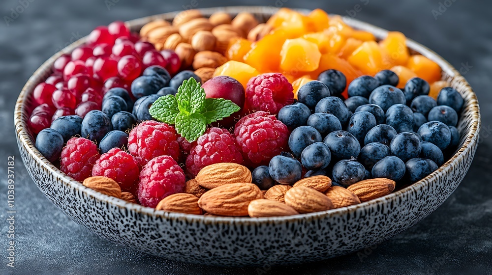 A black plate with a variety of fruits and nuts, full of blueberries, raspberries, almonds, and mango. Mixed fruits and nuts, brain-stimulating snack, healthy, natural energy boost, solid background. A black plate with a variety of fruits and nuts, full of blueberries, raspberries, almonds, and mango. Mixed fruits and nuts, brain-stimulating snack, healthy, natural energy boost, solid background.