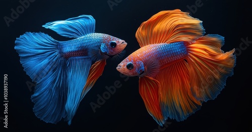 Two Colorful Siamese Fighting Fish Isolated on a Black Background, Hyper-Realistic Photography 