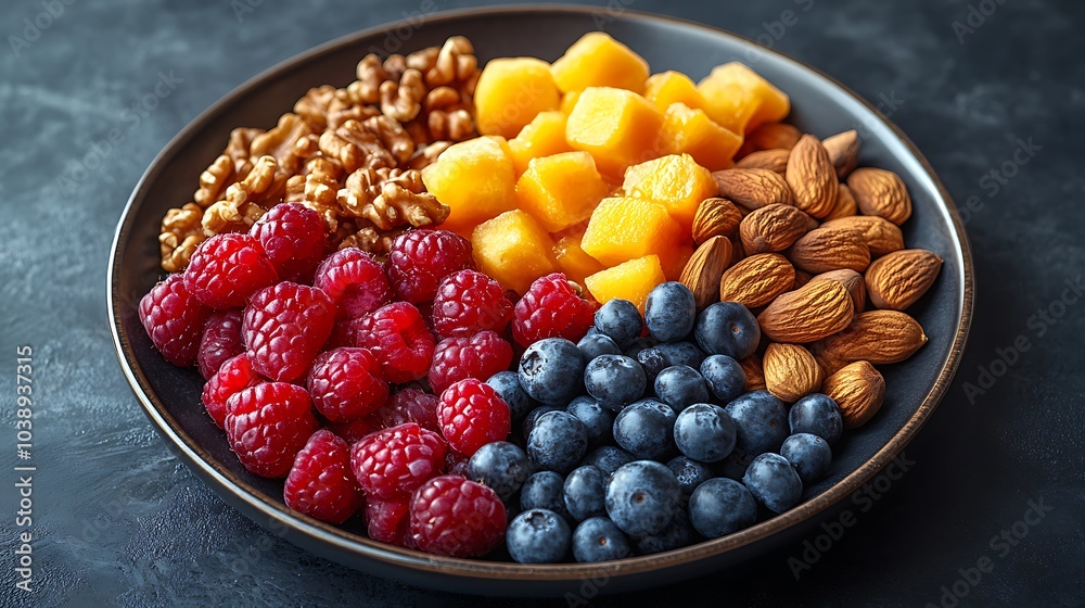A black plate with a variety of fruits and nuts, full of blueberries, raspberries, almonds, and mango. Mixed fruits and nuts, brain-stimulating snack, healthy, natural energy boost, solid background. A black plate with a variety of fruits and nuts, full of blueberries, raspberries, almonds, and mango. Mixed fruits and nuts, brain-stimulating snack, healthy, natural energy boost, solid background.