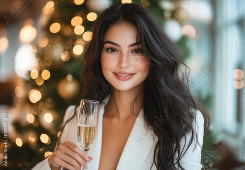 Beautiful woman with long dark hair in a white suit, holding champagne