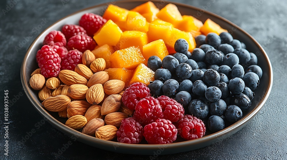 A black plate with a variety of fruits and nuts, full of blueberries, raspberries, almonds, and mango. Mixed fruits and nuts, brain-stimulating snack, healthy, natural energy boost, solid background.