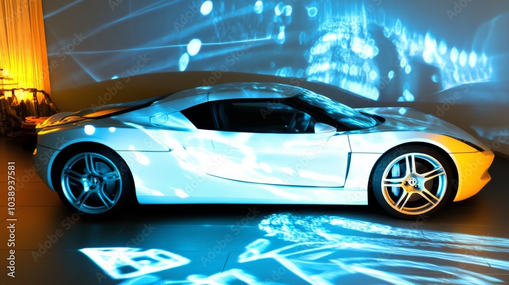 Naklejka premium A sleek white sports car illuminated with dynamic light patterns, showcasing modern design and elegance in a stylish setting.