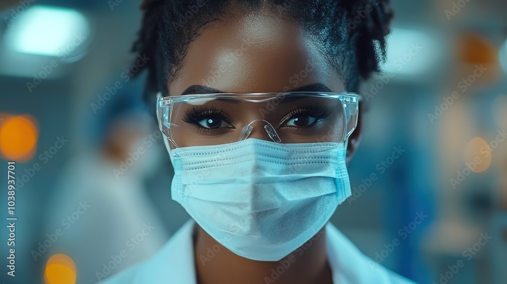 Close up Female Black Doctor Wearing mask and Transparen sunglasess in a Clinical Setting Close up Female Black Doctor Wearing mask and Transparen sunglasess in a Clinical Setting
