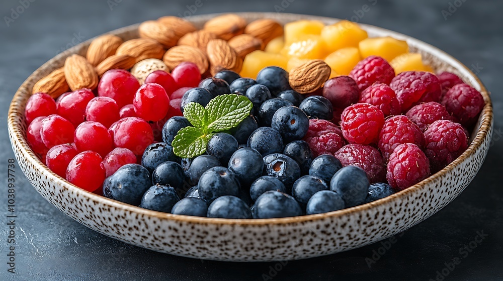 A black plate with a variety of fruits and nuts, full of blueberries, raspberries, almonds, and mango. Mixed fruits and nuts, brain-stimulating snack, healthy, natural energy boost, solid background. A black plate with a variety of fruits and nuts, full of blueberries, raspberries, almonds, and mango. Mixed fruits and nuts, brain-stimulating snack, healthy, natural energy boost, solid background.