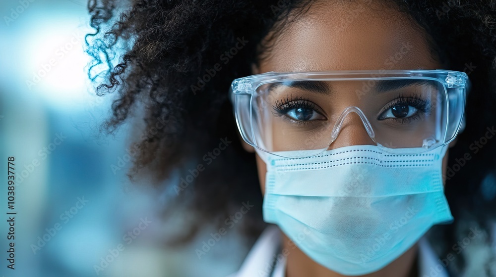 Close up Female Black Doctor Wearing mask and Transparen sunglasess in a Clinical Setting Close up Female Black Doctor Wearing mask and Transparen sunglasess in a Clinical Setting