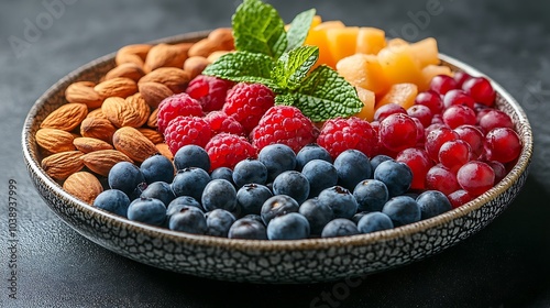 Wallpaper Mural A black plate with a variety of fruits and nuts, full of blueberries, raspberries, almonds, and mango. Mixed fruits and nuts, brain-stimulating snack, healthy, natural energy boost, solid background. Torontodigital.ca