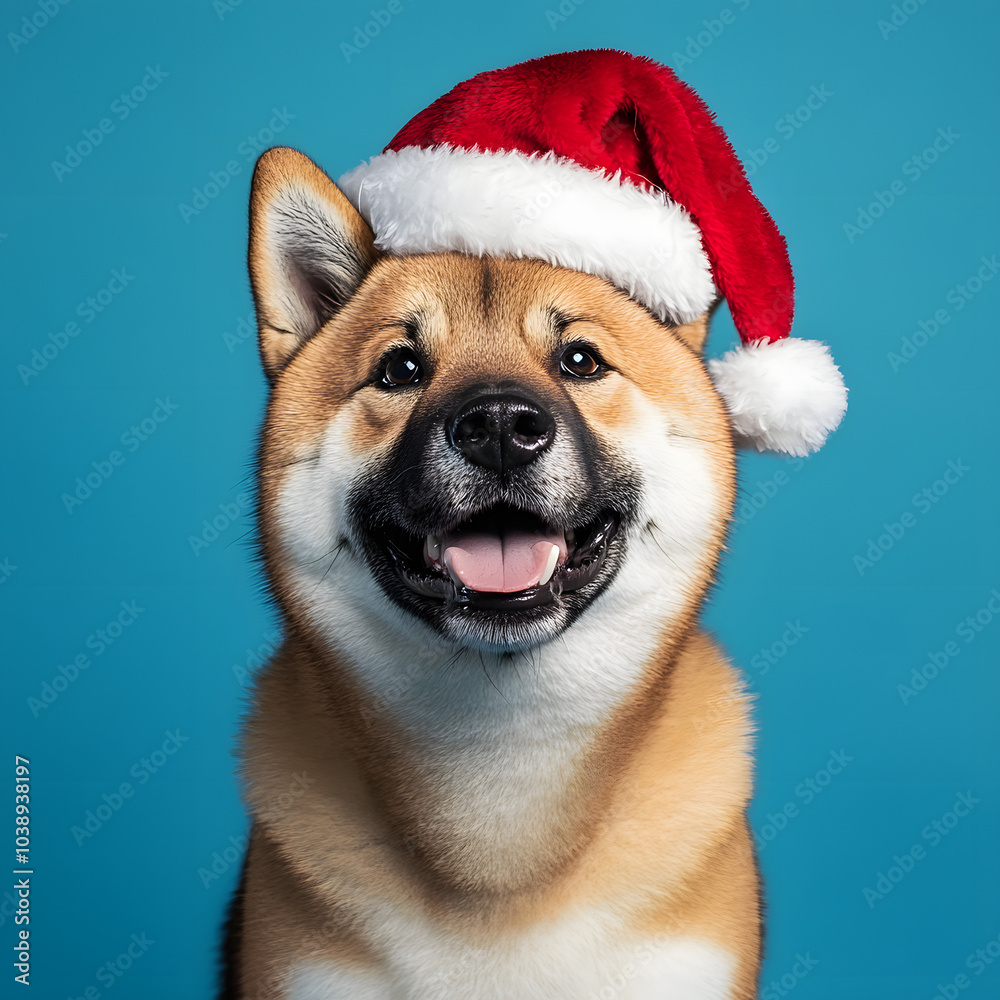 Cute Akita dog wearing a Christmas Santa Claus hat against on a blue background with free space for text background studio shot Cute Akita dog wearing a Christmas Santa Claus hat against on a blue background with free space for text background studio shot