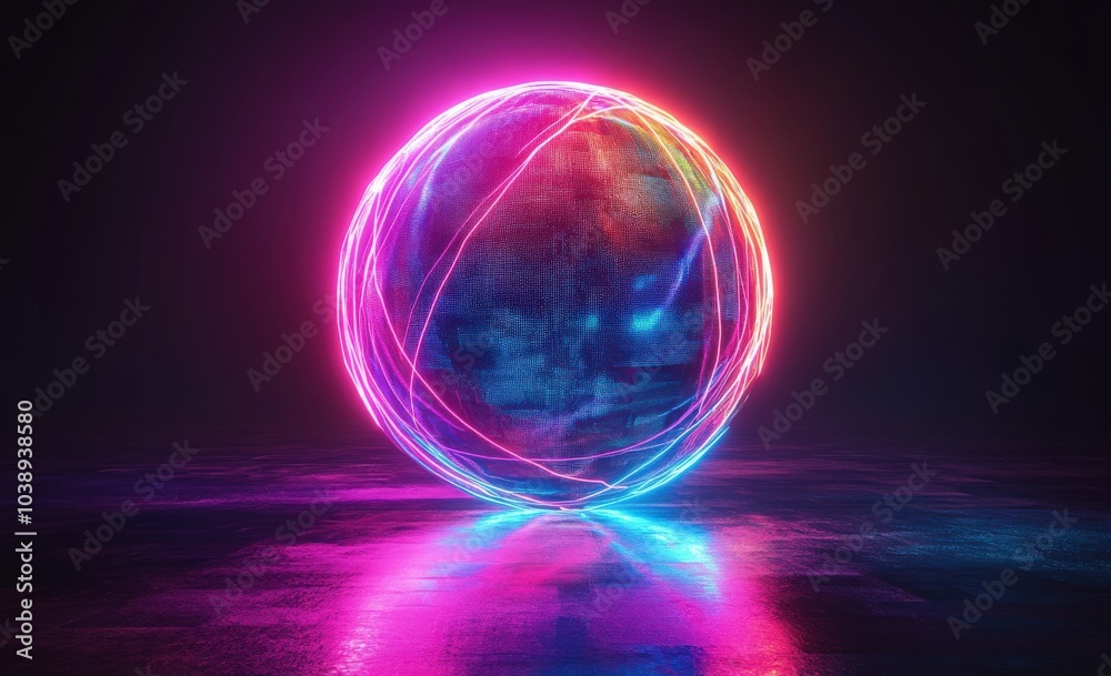 Glowing digital globe illuminated with colorful light trails on a dark background Glowing digital globe illuminated with colorful light trails on a dark background