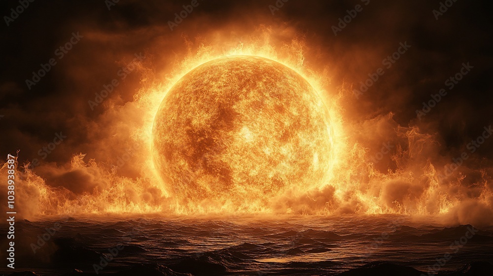 A fiery sun emerges from behind dramatic clouds, casting an intense orange glow across the dark water below. A fiery sun emerges from behind dramatic clouds, casting an intense orange glow across the dark water below.