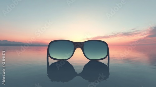 A stylish pair of sunglasses set against a serene sunset over calm waters, perfect for summer vibes and beach escapes. photo