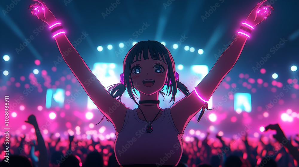 Anime Fans with Glowing Gear at a High-Tech Music Festival, Neon Lo-Fi Futuristic Sci-Fi Manga Art Anime Fans with Glowing Gear at a High-Tech Music Festival, Neon Lo-Fi Futuristic Sci-Fi Manga Art