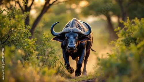 L'herbe sèche plie sous les pas lourds du buffle qui poursuit son chemin, imperturbable face aux défis de la brousse africaine.