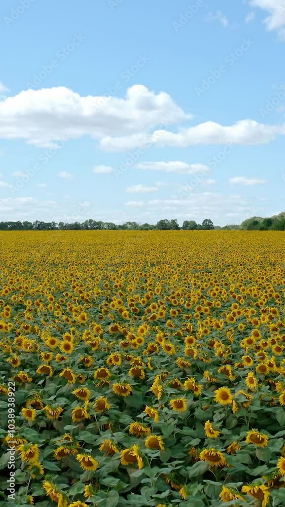Sunflower field under blue sky. Beautiful sunflower blooming in a vast field in summer time. Agriculture of sunflowers. Aerial view. Vertical video Sunflower field under blue sky. Beautiful sunflower blooming in a vast field in summer time. Agriculture of sunflowers. Aerial view. Vertical video
