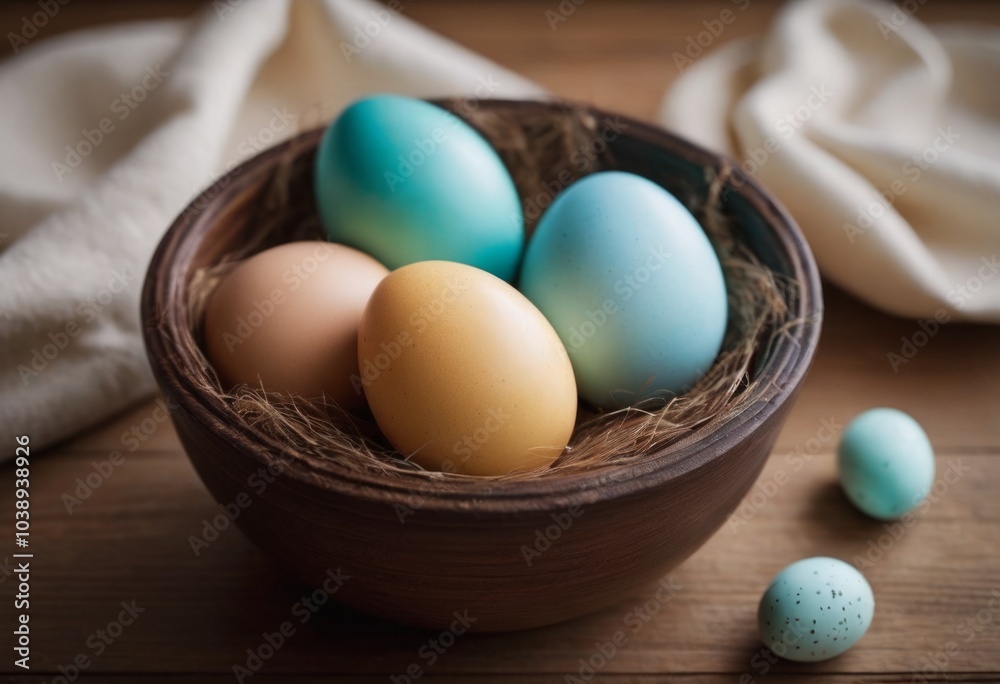 AI generated easter eggs in a basket on a wooden background, selective focus AI generated easter eggs in a basket on a wooden background, selective focus