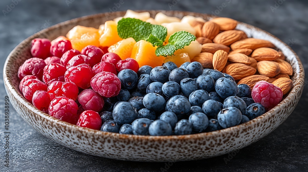 A black plate with a variety of fruits and nuts, full of blueberries, raspberries, almonds, and mango. Mixed fruits and nuts, brain-stimulating snack, healthy, natural energy boost, solid background. A black plate with a variety of fruits and nuts, full of blueberries, raspberries, almonds, and mango. Mixed fruits and nuts, brain-stimulating snack, healthy, natural energy boost, solid background.